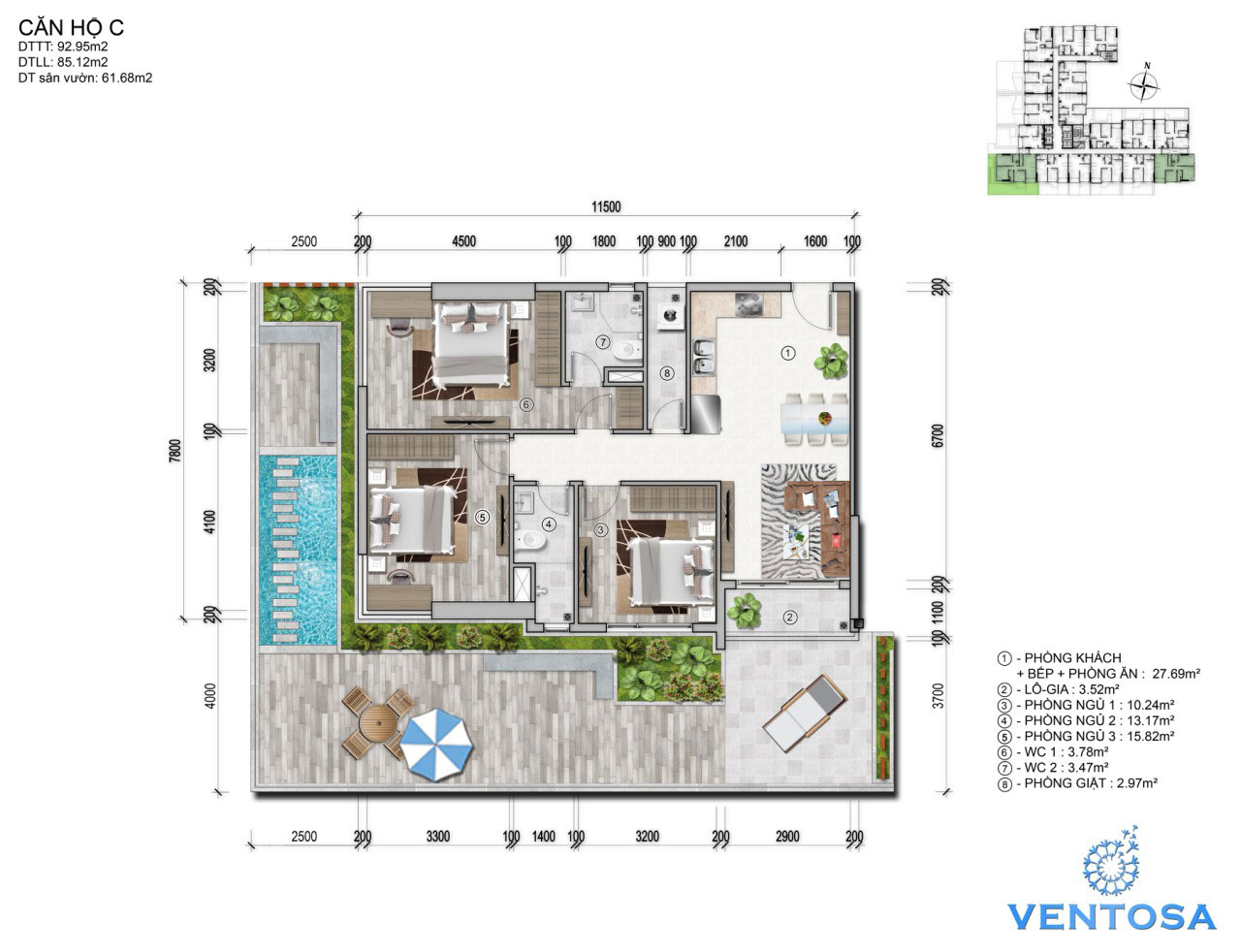 Loại căn hộ điển hình - 3 phòng ngủ tại dự án Ventosa Quận 5